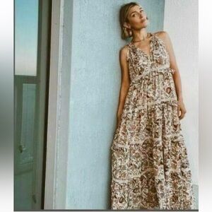 Love the Label Helena Floral Tiered Maxi Dress Cream Multi Small Coastal Boho